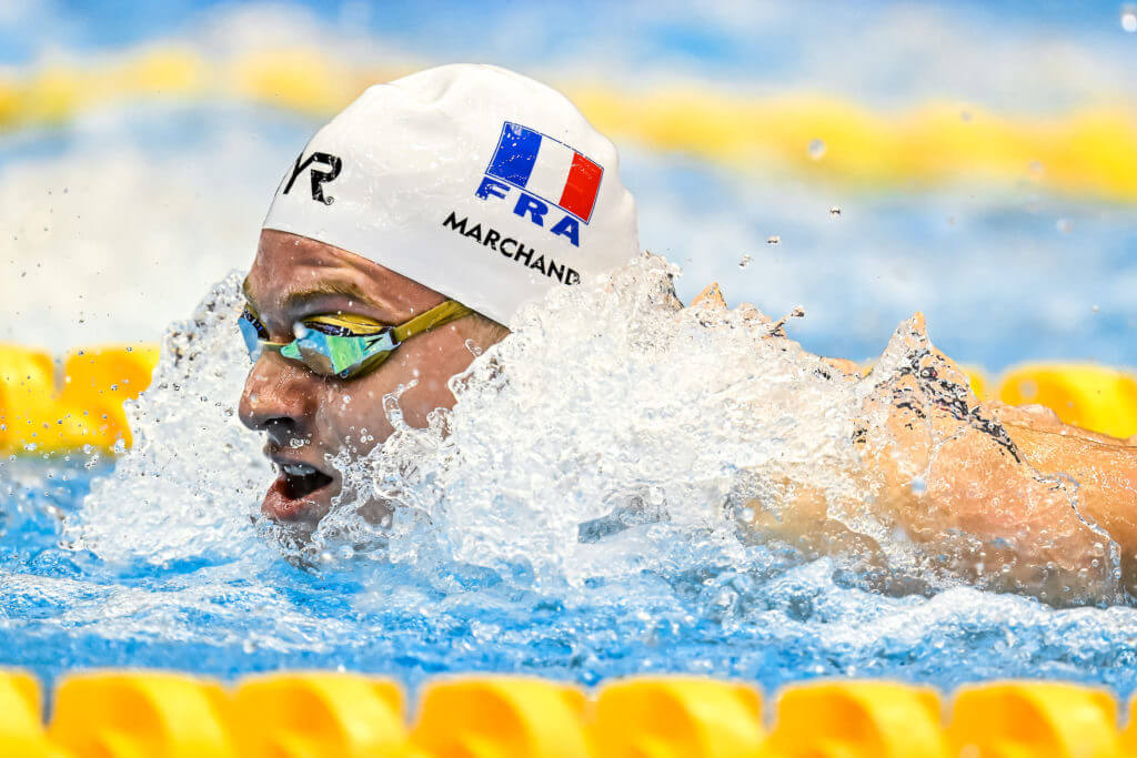 Leon Marchand of France competes in the 200m Butterfly Men Final during the 20th World Aquatics Championships at the Marine Messe Hall A in Fukuoka (Japan), July 26th, 2023.