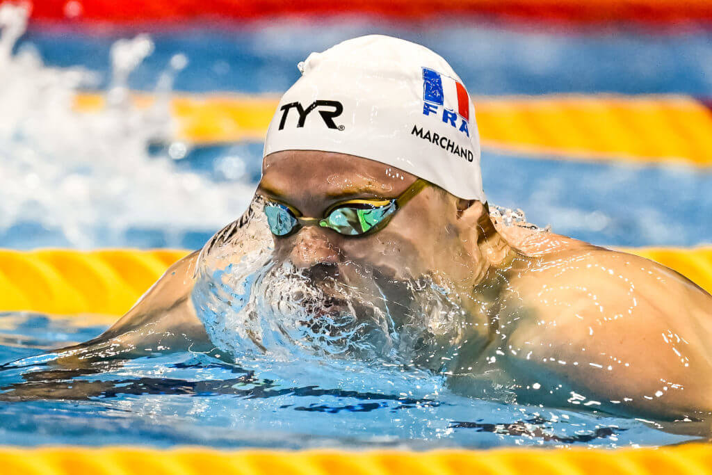 Leon Marchand of France competes in the 200m Butterfly Men Final during the 20th World Aquatics Championships at the Marine Messe Hall A in Fukuoka (Japan), July 26th, 2023.