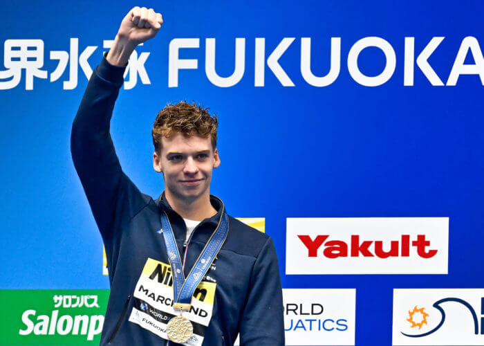 Leon Marchand of France celebrates after winning the gold medal in the 200m Butterfly Men Final during the 20th World Aquatics Championships at the Marine Messe Hall A in Fukuoka (Japan), July 26th, 2023.