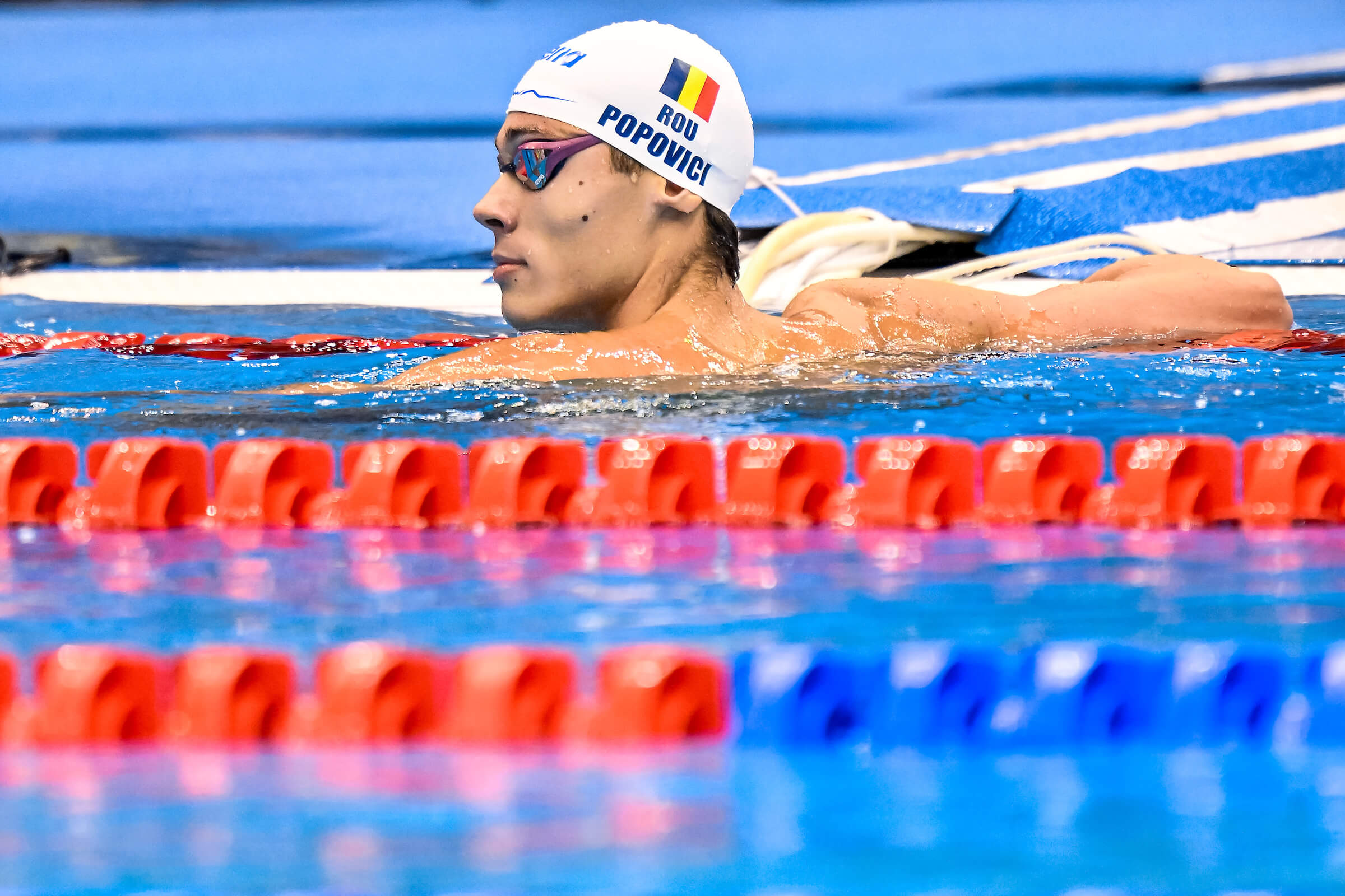 David Popovici of Romania reacts after competing in the 100m Freestyle Men Heats during the 20th World Aquatics Championships at the Marine Messe Hall A in Fukuoka (Japan), July 26th, 2023.