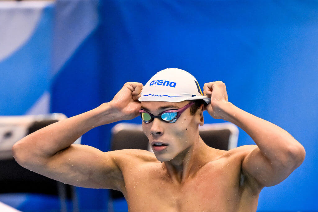 David Popovici of Romania reacts after competing in the 100m Freestyle Men Heats during the 20th World Aquatics Championships at the Marine Messe Hall A in Fukuoka (Japan), July 26th, 2023.