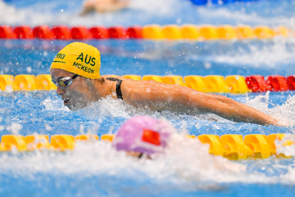 australian-Emma Mckeon of Australia competes in the 4x100m Medley Mixed Relay Heats during the 20th World Aquatics Championships at the Marine Messe Hall A in Fukuoka (Japan), July 26th, 2023.