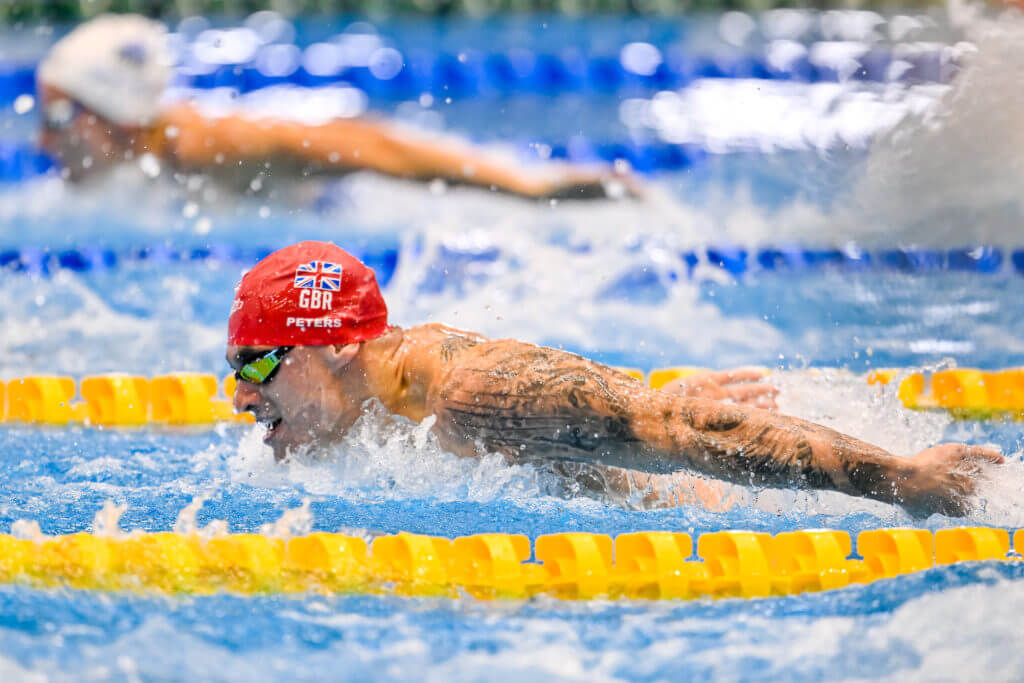 Jacob Peters of Great Britain competes in the 4x100m Medley Mixed Relay Heats during the 20th World Aquatics Championships at the Marine Messe Hall A in Fukuoka (Japan), July 26th, 2023.