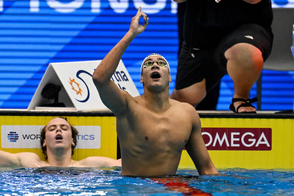 Ahmed Hafnaoui of Tunisia celebrates after competing in the 800m Freestyle Men Final during the 20th World Aquatics Championships at the Marine Messe Hall A in Fukuoka (Japan), July 26rd, 2023. Ahmed Hafnaoui placed first winnign the gold medal.