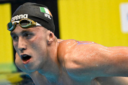 Daniel Wiffen of Ireland reacts after competing in the 800m Freestyle Men Final during the 20th World Aquatics Championships at the Marine Messe Hall A in Fukuoka (Japan), July 26rd, 2023. Daniel Wiffen placed 4th with the new european record.