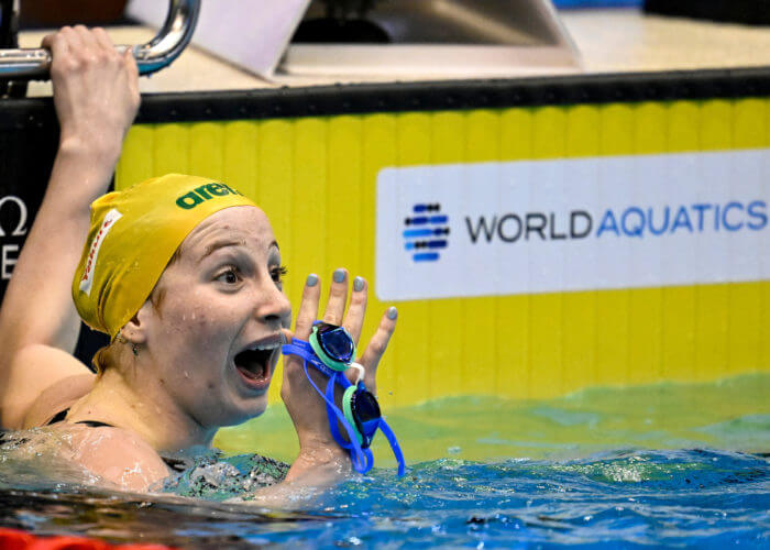 Mollie O'Callaghan of Australia reacts after competing in the 200m Freestyle Women Final during the 20th World Aquatics Championships at the Marine Messe Hall A in Fukuoka (Japan), July 26rd, 2023. Mollie O'Callaghan placed first winning the gold medal with a new world record time.