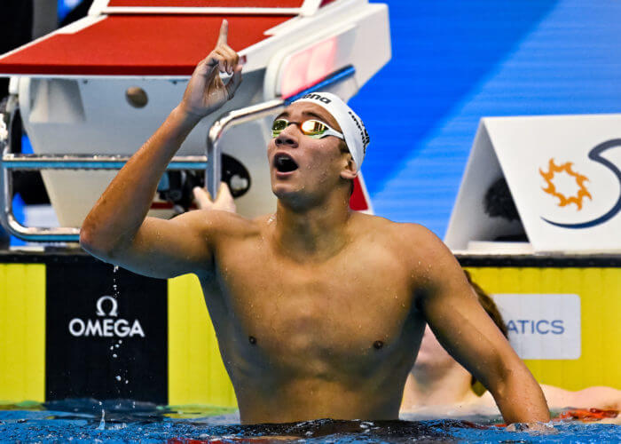 Ahmed Hafnaoui of Tunisia celebrates after winning the gold medal in the 800m Freestyle Men Final during the 20th World Aquatics Championships at the Marine Messe Hall A in Fukuoka (Japan), July 26th, 2023.