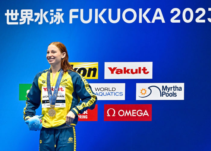 Mollie O'callaghan of Australia stands with the gold medal after competing in the 100m Freestyle Women Final during the 20th World Aquatics Championships at the Marine Messe Hall A in Fukuoka (Japan), July 28th, 2023.