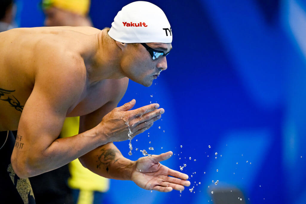 Florent Manaudou of France prepares to compete in the 50m Freestyle Men Semifinal during the 20th World Aquatics Championships at the Marine Messe Hall A in Fukuoka (Japan), July 28th, 2023.