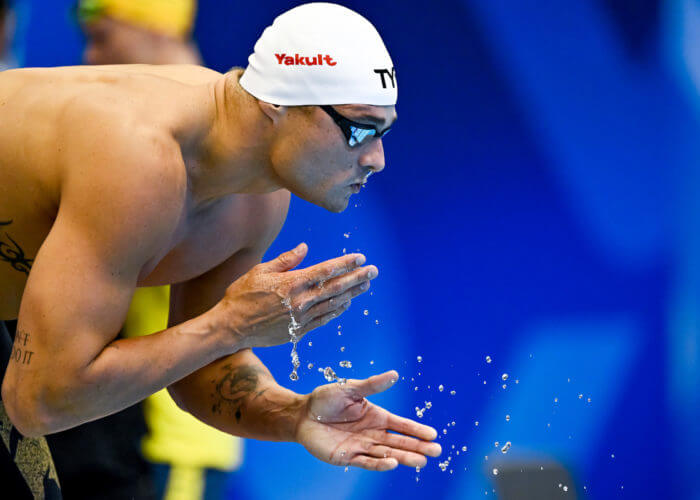 Florent Manaudou of France prepares to compete in the 50m Freestyle Men Semifinal during the 20th World Aquatics Championships at the Marine Messe Hall A in Fukuoka (Japan), July 28th, 2023.