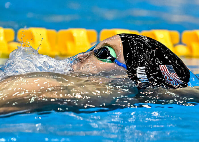 Ryan Murphy of the United States of America competes in the 200m Backstroke Men Final with a New World Record during the 20th World Aquatics Championships at the Marine Messe Hall A in Fukuoka (Japan), July 28th, 2023.