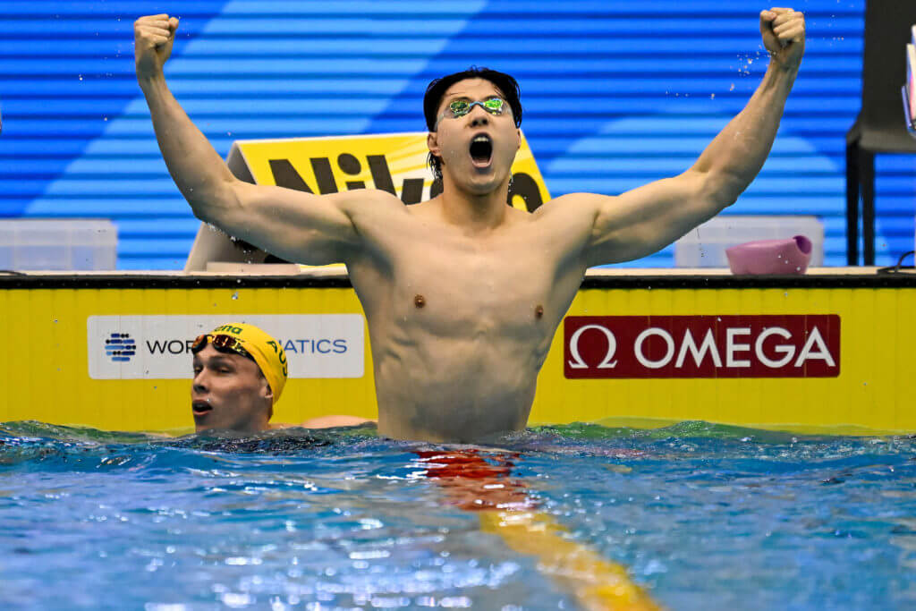 Haiyang Qin of China celebrates after competing in the 200m Breaststroke Men Final during the 20th World Aquatics Championships at the Marine Messe Hall A in Fukuoka (Japan), July 28th, 2023. Haiyang Qin placed first winning the gold medal.