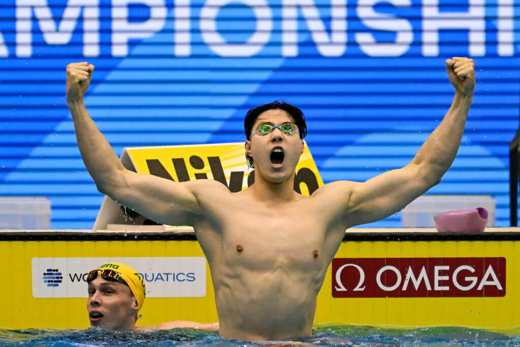 Haiyang Qin of China celebrates after competing in the 200m Breaststroke Men Final during the 20th World Aquatics Championships at the Marine Messe Hall A in Fukuoka (Japan), July 28th, 2023. Haiyang Qin placed first winning the gold medal.