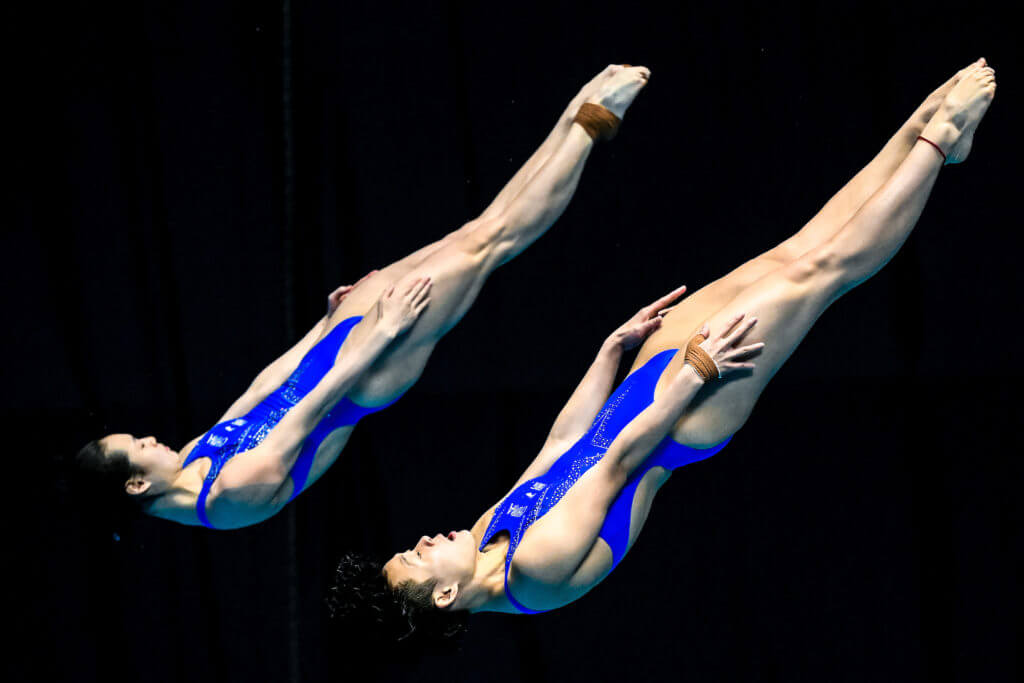 Yani Chang of China Indonesia, Yiwen Chen of China Indonesia compete in the 3m Springboard Synchro Women Preliminary during the 20th World Aquatics Championships at the Fukuoka Prefectural Pool in Fukuoka (Japan), July 17th, 2023.