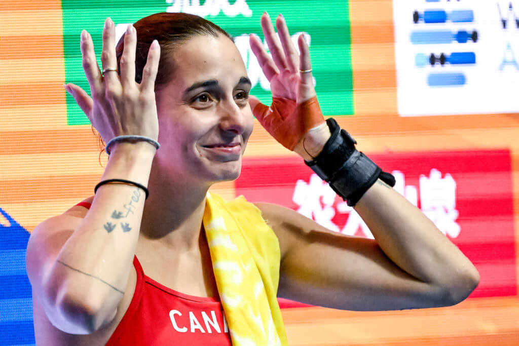 Pamela Ware of Canada reacts after winning the bronze medal in the 3m Springboard Women Final during the 20th World Aquatics Championships at the Marine Messe Hall A in Fukuoka (Japan), July 21st, 2023.