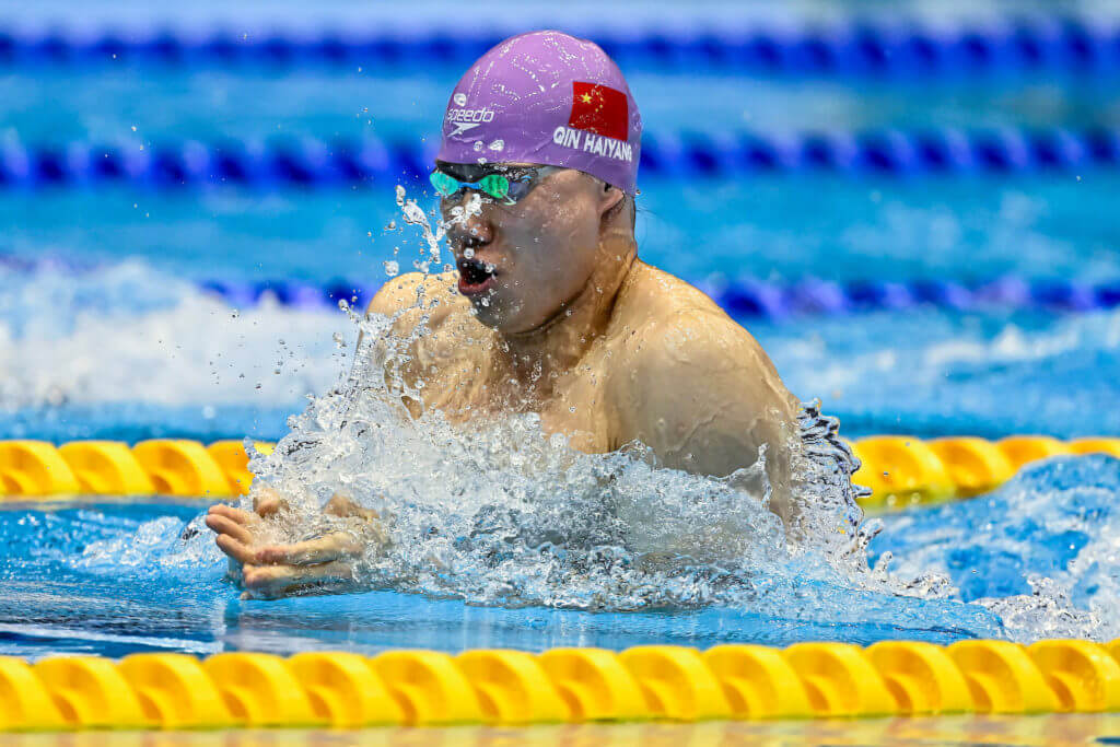 Haiyang Qin of China competes in rde Men's Breaststroke 100m Heats during rde 20rd World Aquatics Championships at rde Marine Messe Hall A in Fukuoka (Japan), July 23rd, 2023.