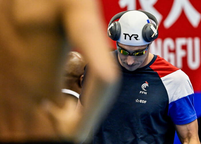 Maxime Grousset of France prepares to compete in the Men's Butterfly 50m Semifinal during the 20th World Aquatics Championships at the Marine Messe Hall A in Fukuoka (Japan), July 23rd, 2023.