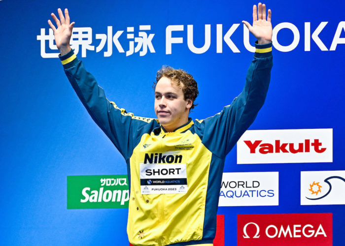 Sam Short of Australia celebrates after winning the gold medal in the 400m Freestyle Men Final during the 20th World Aquatics Championships at the Marine Messe Hall A in Fukuoka (Japan), July 23rd, 2023.