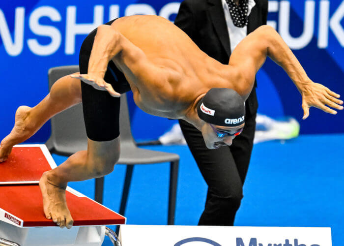 Thomas Ceccon of Italy competes in the 50m Butterfly Men Semifinal during the 20th World Aquatics Championships at the Marine Messe Hall A in Fukuoka (Japan), July 23rd, 2023.