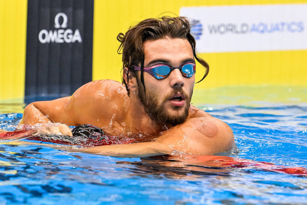 Thomas Ceccon of Italy reacts after competing in the 50m Butterfly Men Heats during the 20th World Aquatics Championships at the Marine Messe Hall A in Fukuoka (Japan), July 23rd, 2023.