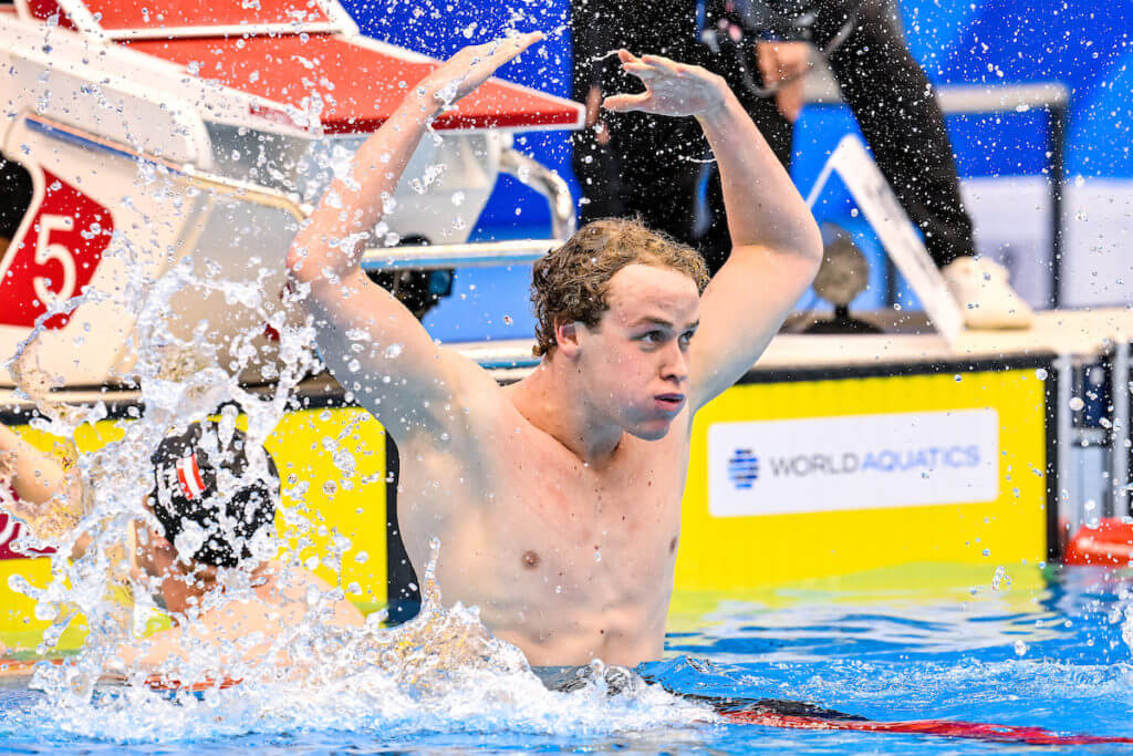 Samuel Short of Australia celebrates after winning the gold medal in the 400m Freestyle Men Final during the 20th World Aquatics Championships at the Marine Messe Hall A in Fukuoka (Japan), July 23rd, 2023.