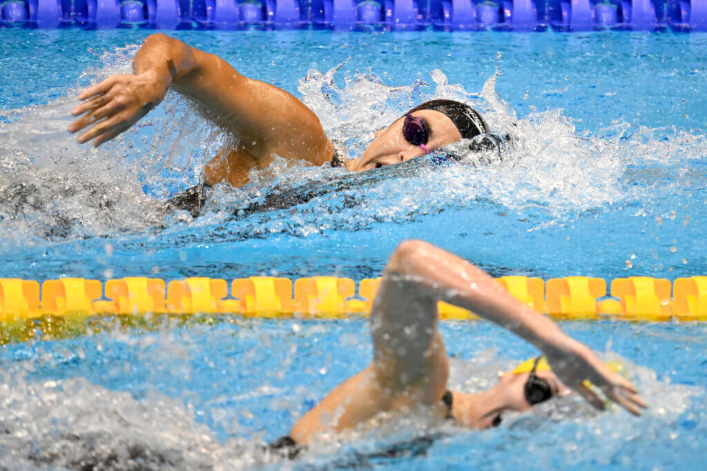 Mary-Sophie Harvey of Canada competes in the 200m Individual Medley Women Heats during the 20th World Aquatics Championships at the Marine Messe Hall A in Fukuoka (Japan), July 23rd, 2023. Mary-Sophie Harvey placed 3rd.