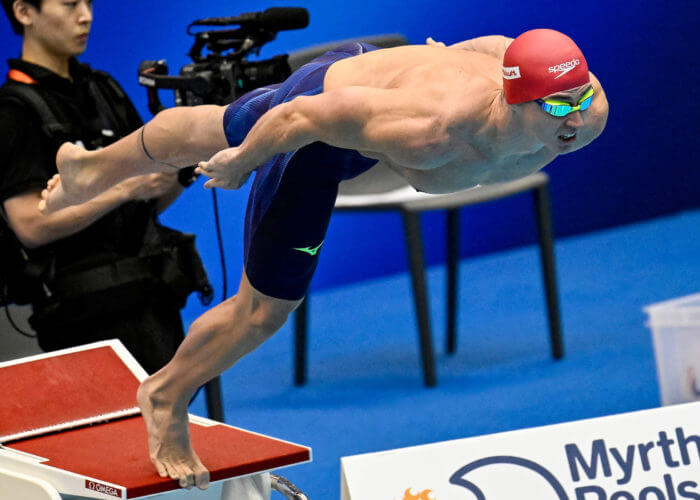 Benjamin Proud of Great Britain competes in the 50m Butterfly Men Heats during the 20th World Aquatics Championships at the Marine Messe Hall A in Fukuoka (Japan), July 23rd, 2023. Benjamin Proud placed 9th.
