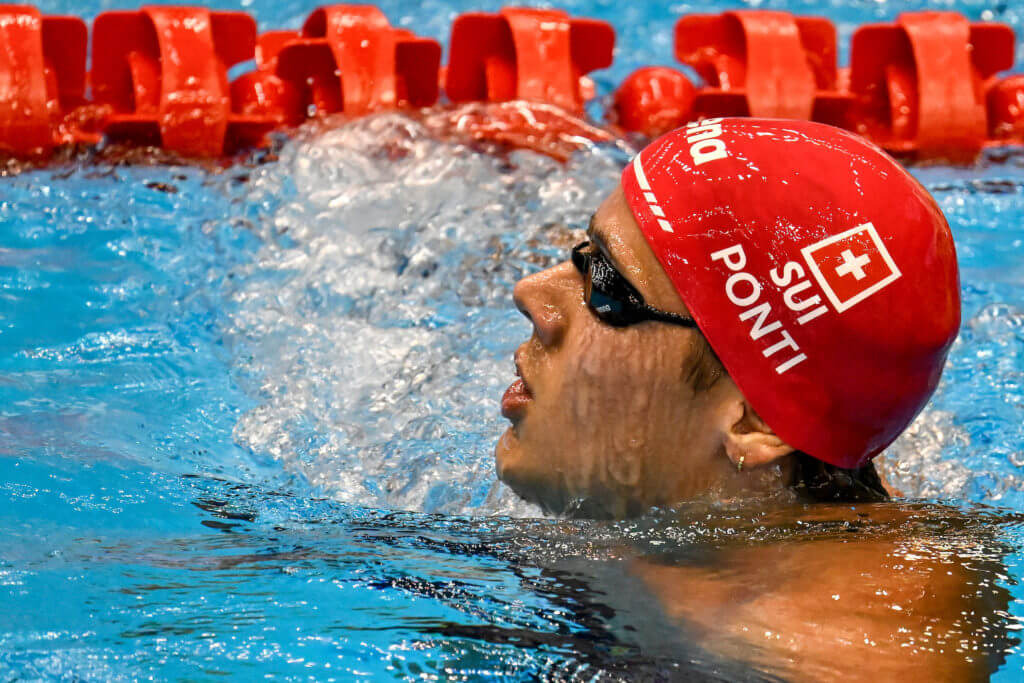 Noe Ponti of Switzerland competes in the 50m Butterfly Men Heats during the 20th World Aquatics Championships at the Marine Messe Hall A in Fukuoka (Japan), July 23rd, 2023. Noe Ponti placed 5th.