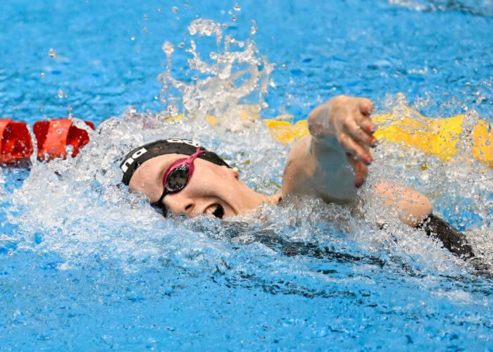 Isabel Gose of Germany competes in the 400m Freestyle Women Heats during the 20th World Aquatics Championships at the Marine Messe Hall A in Fukuoka (Japan), July 23rd, 2023. Isabel Gose placed 4th.
