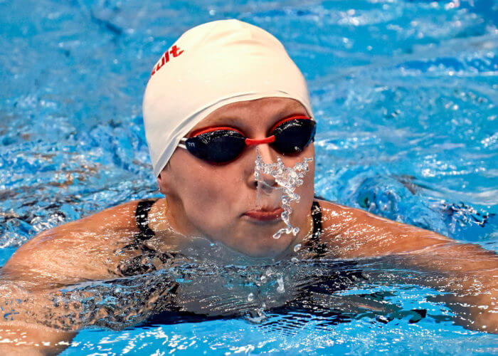 Katie Ledecky of United States of America reacts after competing in the 400m Freestyle Women Heats during the 20th World Aquatics Championships at the Marine Messe Hall A in Fukuoka (Japan), July 23rd, 2023. Katie Ledecky placed first.