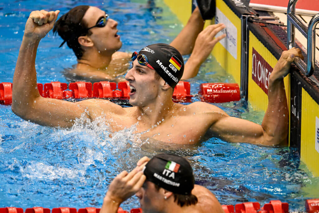 Lucas Matzerath of Germany celebrates after competing in the 100m Breaststroke Men Heats during the 20th World Aquatics Championships at the Marine Messe Hall A in Fukuoka (Japan), July 23rd, 2023. Lucas Matzerath placed 3rd.