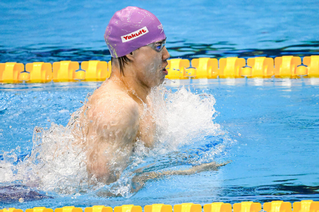 Haiyang Qin of China competes in the 100m Breaststroke Men Heats during the 20th World Aquatics Championships at the Marine Messe Hall A in Fukuoka (Japan), July 23rd, 2023. Haiyang Qin placed first.