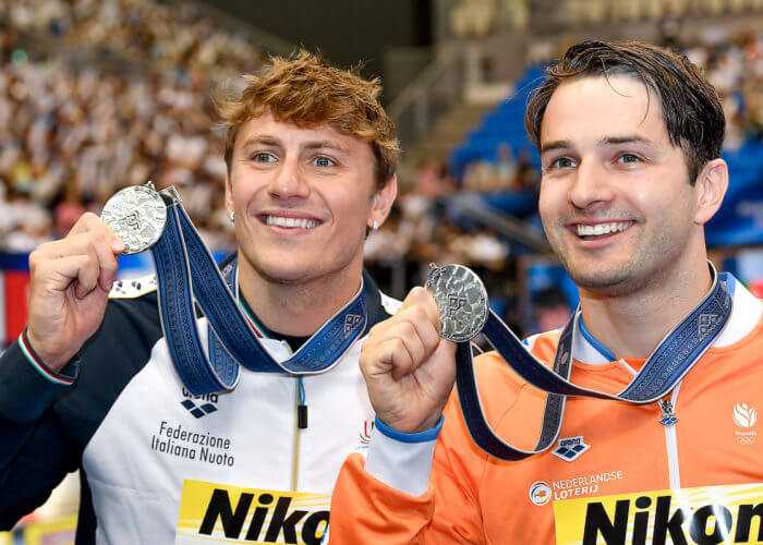 Arno Kamminga of the Netherlands and Nicolo Martinenghi of Italy show the silver medal after competing in the 100m Breaststroke Men Final during the 20th World Aquatics Championships at the Marine Messe Hall A in Fukuoka (Japan), July 24th, 2023.