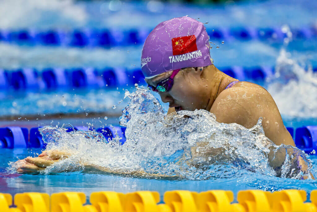 Qianting Tang of China competes in the Women's Breaststroke 100m Heats during the 20th World Aquatics Championships at the Marine Messe Hall A in Fukuoka (Japan), July 24th, 2023.