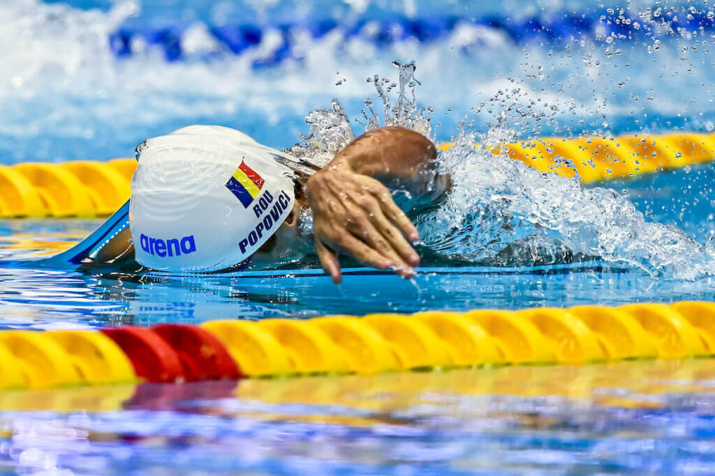 David Popovici of Romania competes in the Men's Freestyle 200m Heats during the 20th World Aquatics Championships at the Marine Messe Hall A in Fukuoka (Japan), July 24th, 2023.