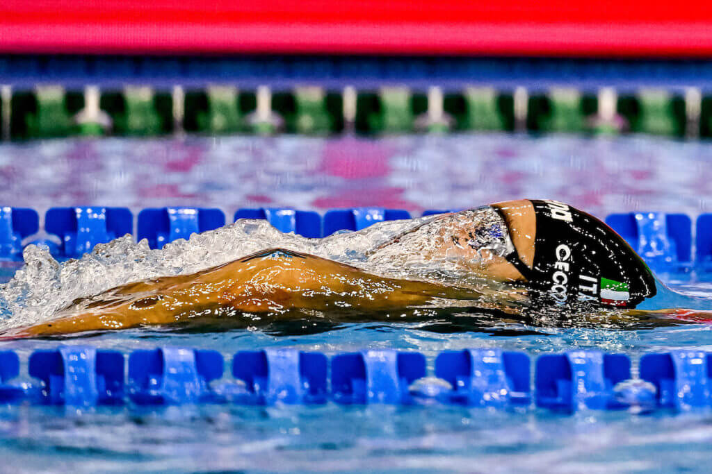 Thomas Ceccon of Italy competes in the 100m Backstroke Men Semifinal during the 20th World Aquatics Championships at the Marine Messe Hall A in Fukuoka (Japan), July 24th, 2023.