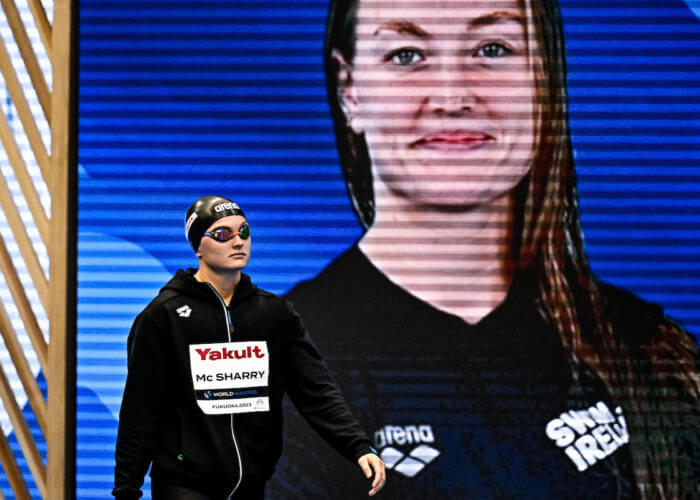 Mona Mc Sharry of Ireland prepares to compete in the 100m Breaststroke Women Semifinal during the 20th World Aquatics Championships at the Marine Messe Hall A in Fukuoka (Japan), July 24th, 2023.