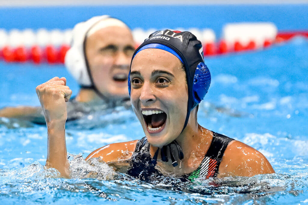 Chiara Tabani of Italy celebrates during the women match between team United States of America (white caps) and team Italy (blue caps) at 20th World Aquatics Championships at the Marine Messe Hall B in Fukuoka (Japan), July 24th, 2023.