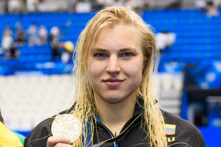 Ruta Meilutyte of Lithuania shows the gold medal after competing in the 100m Breaststroke Women Final during the 20th World Aquatics Championships at the Marine Messe Hall A in Fukuoka (Japan), July 25th, 2023.