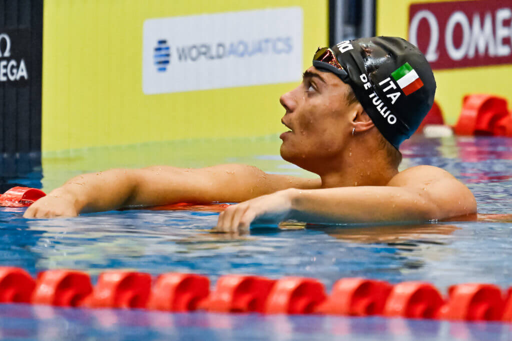 Luca De Tullio of Italy reacts after competing in the 800m Freestyle Men Heats during the 20th World Aquatics Championships at the Marine Messe Hall A in Fukuoka (Japan), July 25th, 2023.