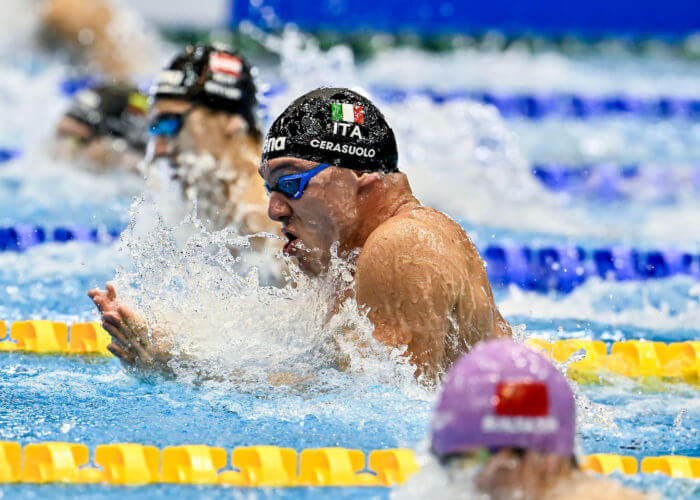 Simone Cerasuolo of Italy compete in the Men's Breaststroke 50m Heats during the 20th World Aquatics Championships at the Marine Messe Hall A in Fukuoka (Japan), July 25th, 2023.