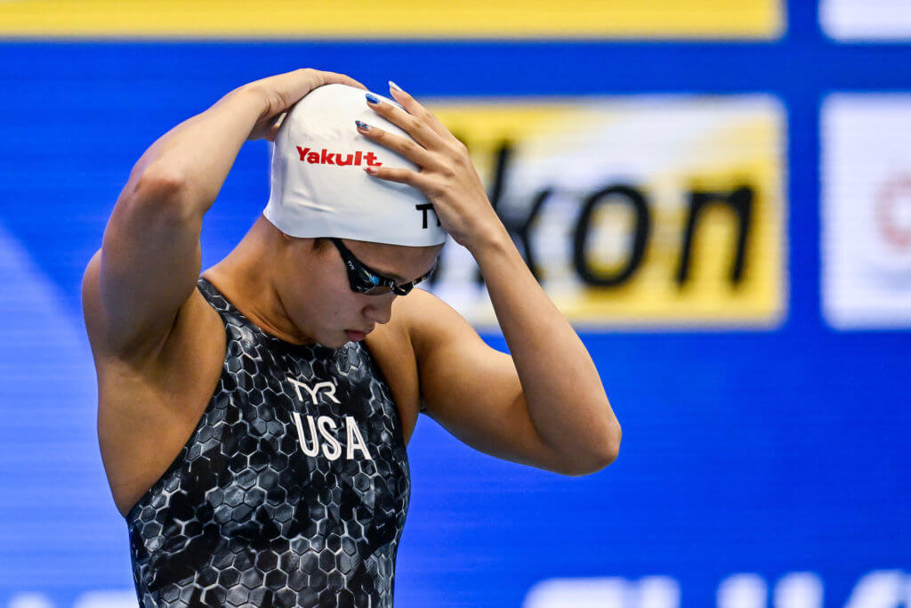Bella Sims of United States of America prepares to compete in the Women's Freestyle 200m Heats during the 20th World Aquatics Championships at the Marine Messe Hall A in Fukuoka (Japan), July 25th, 2023.