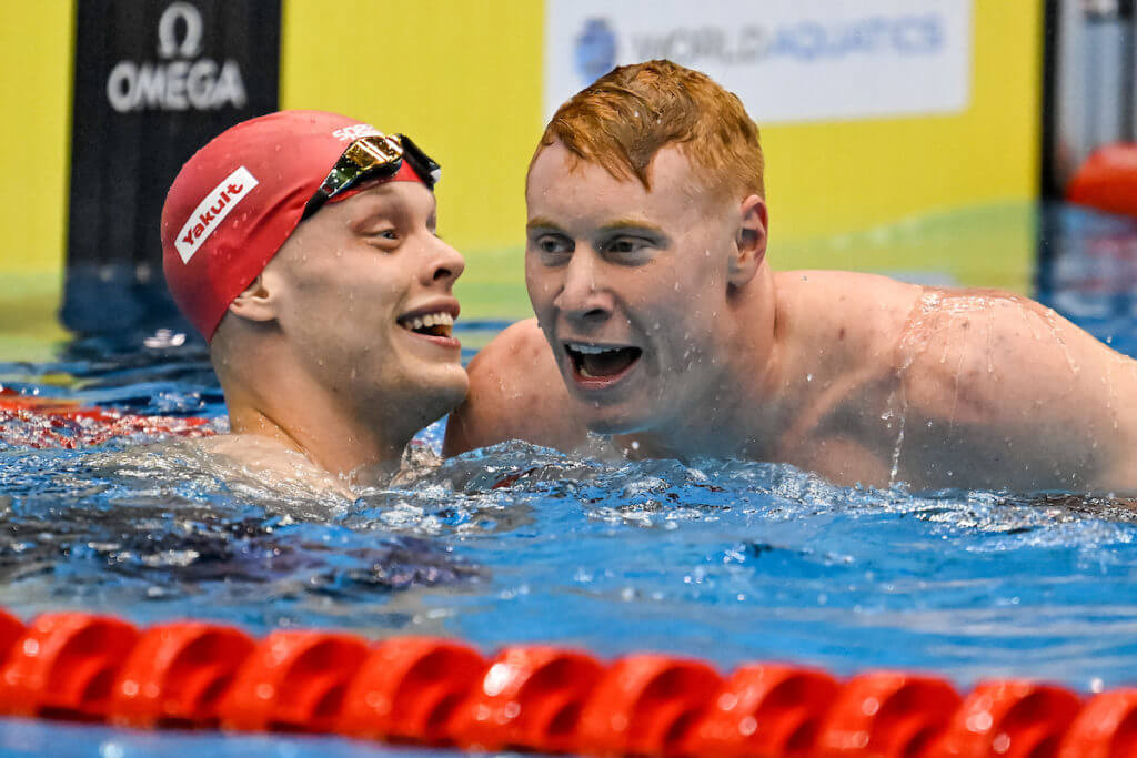 Matthew Richards and Tom Dean of Great Britain react after winning the gold and the silver medals in the 200m Freestyle Men Final during the 20th World Aquatics Championships at the Marine Messe Hall A in Fukuoka (Japan), July 25th, 2023.
