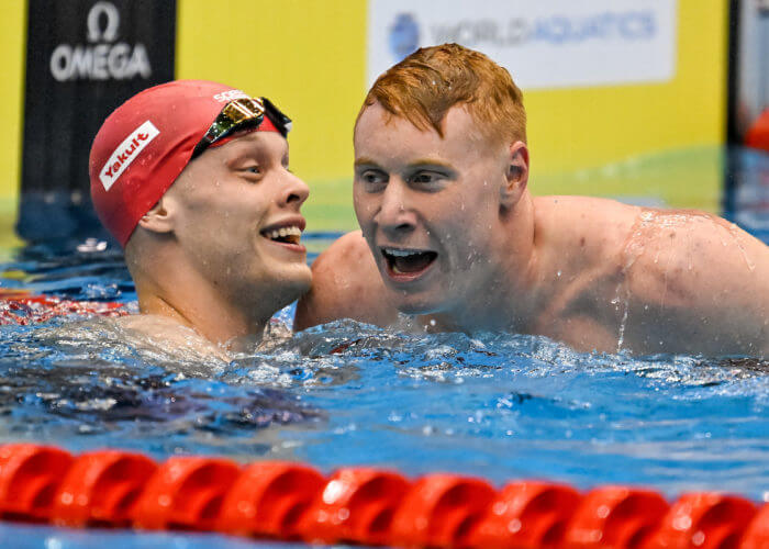 Matthew Richards and Tom Dean of Great Britain react after winning the gold and the silver medals in the 200m Freestyle Men Final during the 20th World Aquatics Championships at the Marine Messe Hall A in Fukuoka (Japan), July 25th, 2023.