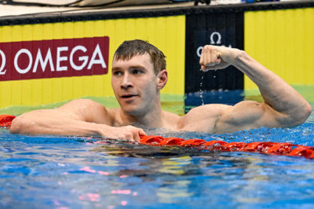 Ryan Murphy of the United States of America celebrates after winning the gold medal in the 100m Backstroke Men Final during the 20th World Aquatics Championships at the Marine Messe Hall A in Fukuoka (Japan), July 25th, 2023.