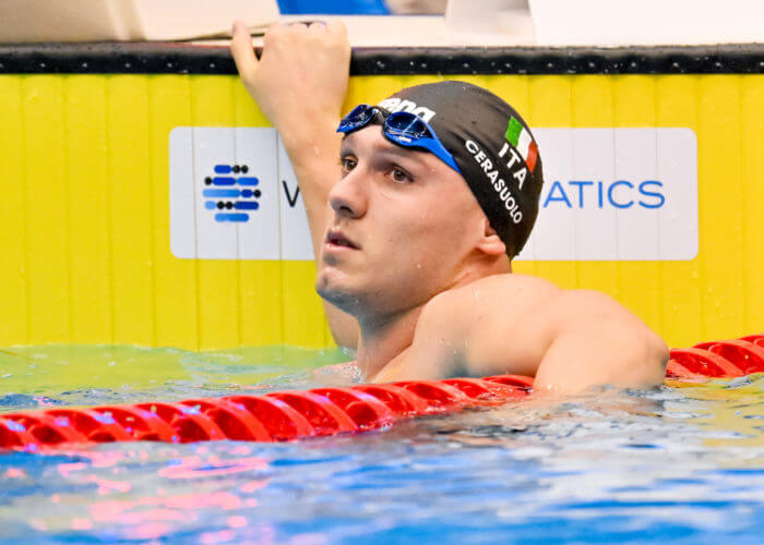 Simone Cerasuolo of Italy reacts after competing in the 50m Breaststroke Men Heats during the 20th World Aquatics Championships at the Marine Messe Hall A in Fukuoka (Japan), July 25th, 2023.