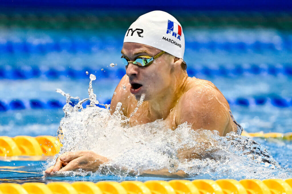 Leon Marchand of France competes in the 200m Individual Medley Men Final during the 20th World Aquatics Championships at the Marine Messe Hall A in Fukuoka (Japan), July 27th, 2023.