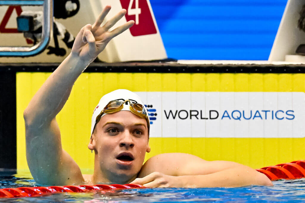 Leon Marchand of France celebrates after winning the gold medal in the 200m Individual Medley Men Final during the 20th World Aquatics Championships at the Marine Messe Hall A in Fukuoka (Japan), July 27th, 2023.