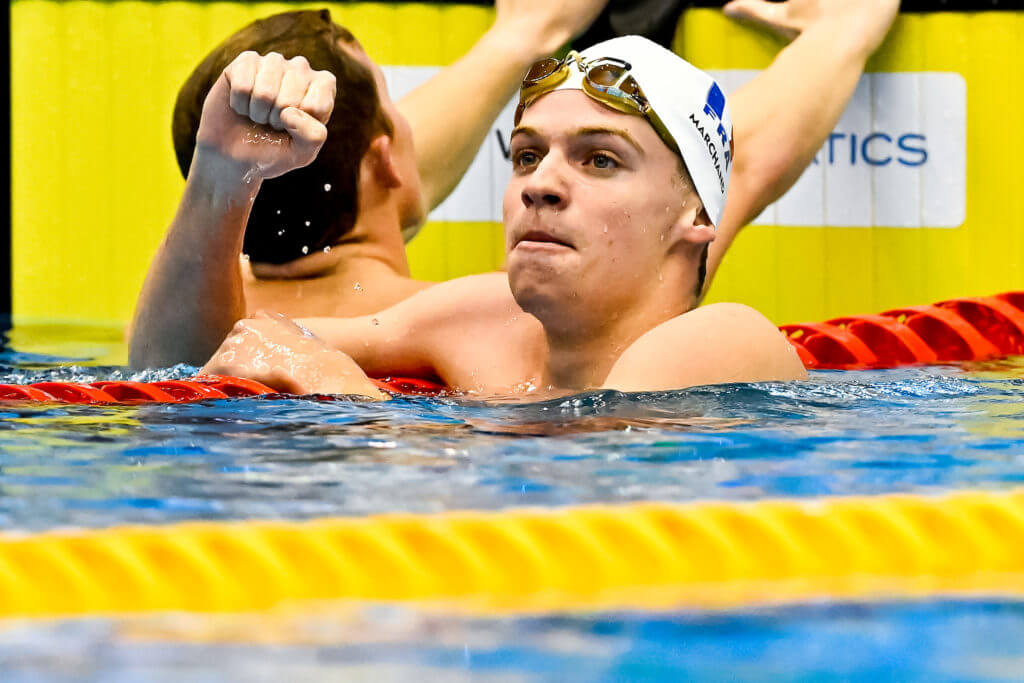 Leon Marchand of France celebrates after winning the gold medal in the 200m Individual Medley Men Final during the 20th World Aquatics Championships at the Marine Messe Hall A in Fukuoka (Japan), July 27th, 2023.