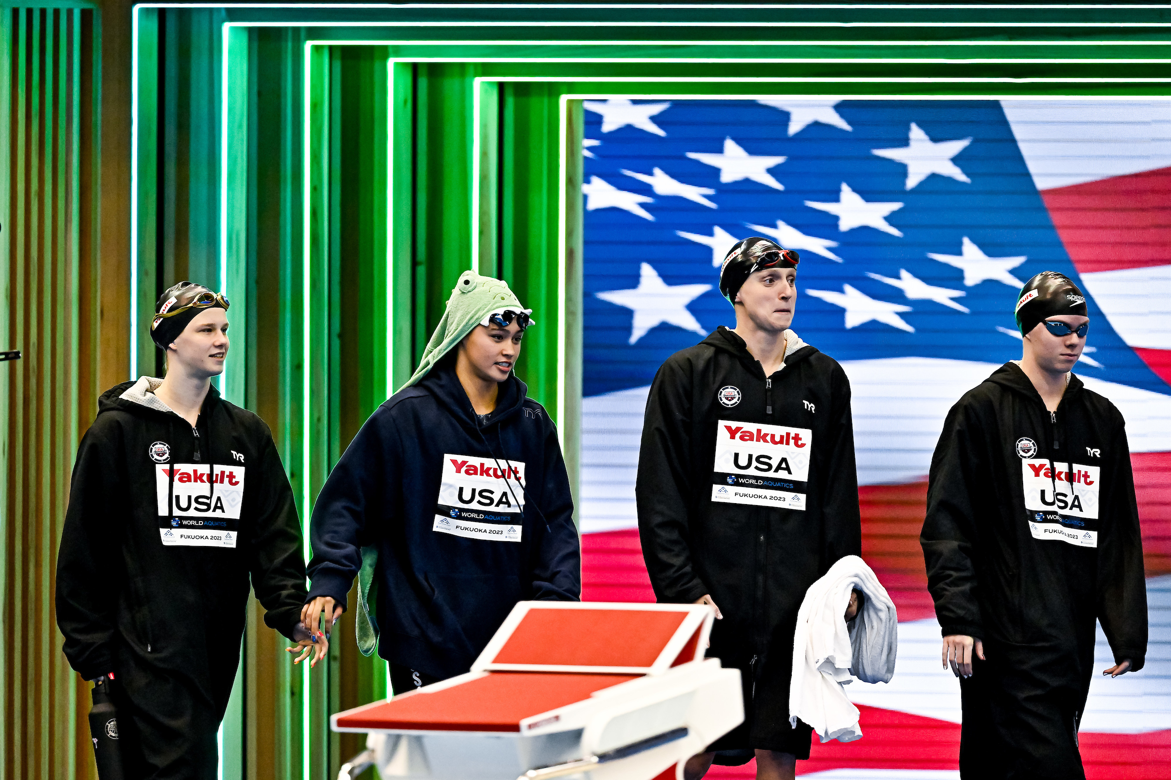 Athletes of Team United States of America prepare to compete in the 4x200m Freestyle Relay Women Final during the 20th World Aquatics Championships at the Marine Messe Hall A in Fukuoka (Japan), July 27th, 2023, erin gemmell, bella sims, katie ledecky, alex shackell